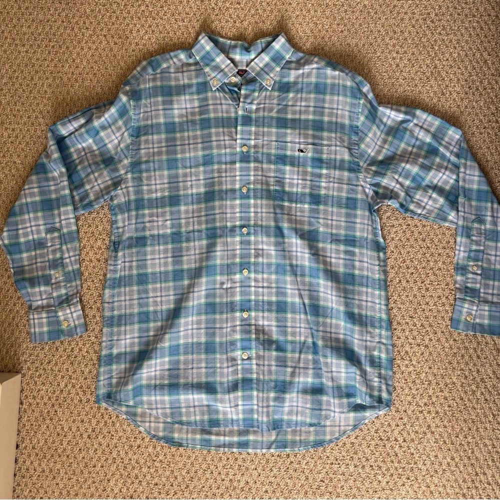 Vineyard Vines Light Blue and Green Plaid Shirt